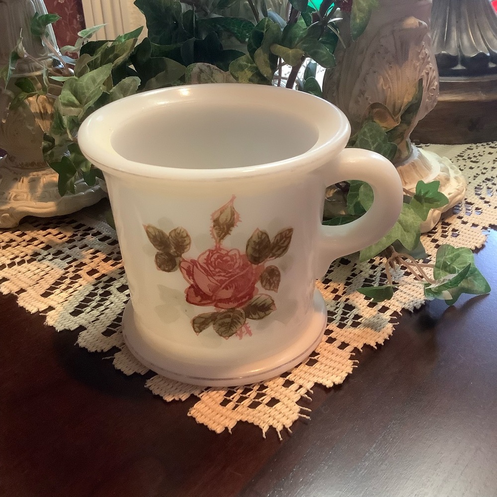 Vintage shaving mug white milk glass rose and leaves excellent